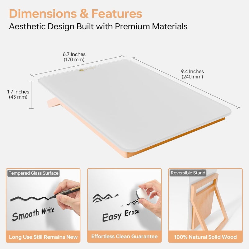 YEOUX Desktop Glass Whiteboard with Reversible Wood Stand, Small White Board, Mini Dry Erase Whiteboard Easel for Desk, Reusable Desk Notepad 9.5"x6.7" for Home, Office, Accessories Included, - Image 3